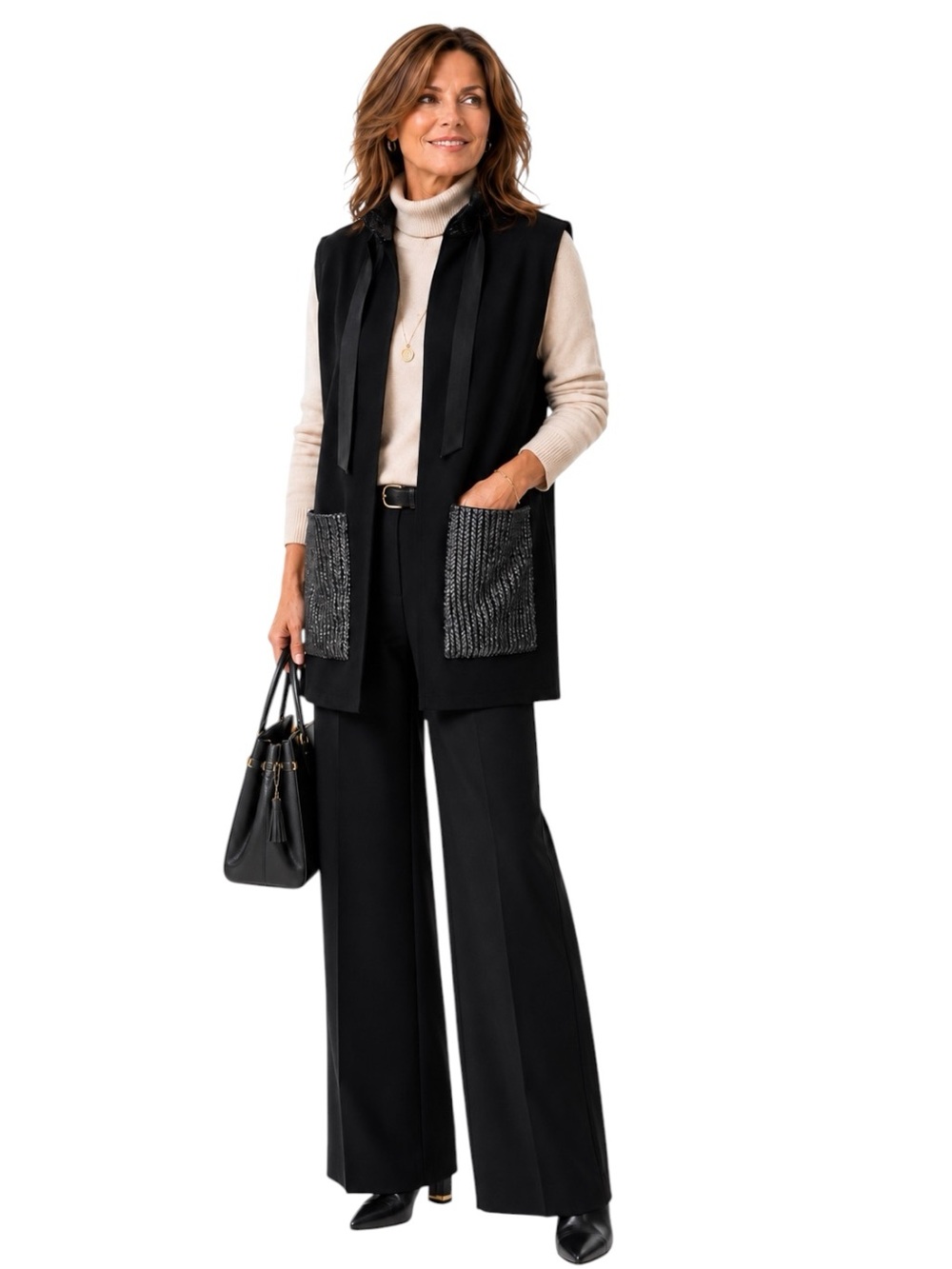 Scapa Lauren Perre Black Ponte Longline Vest Metallic Cable Knit Detail Black S